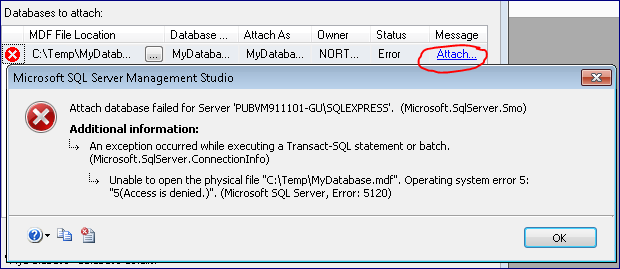 Attach database failed for Server ###. (Microsoft.SqlServer.Smo) Unable to open the physical file "####". Operating system error 5: "5(Access is denied.)". (Microsoft SQL Server, Error 5120)